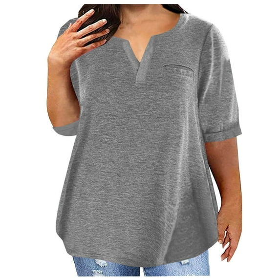 Plus Size T-Shirts Cotton Half Sleeve Tops for Women Loose Fit Summer Casual V Neck Tee Shirt Plain Tshirts (Gray 4XL)