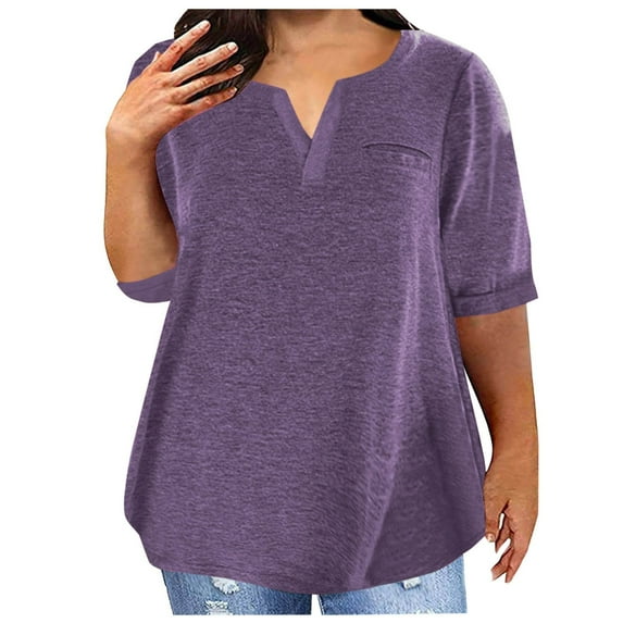 Womens Plus Size T-Shirts Cotton Half Sleeve Tops Elbow Length Tee Shirt Loose Summer Solid Color Tshirts (Purple 3XL)