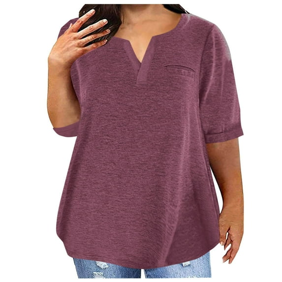 Plus Size T-Shirts Cotton Half Sleeve Tops for Women Loose Fit Summer Casual V Neck Tee Shirt Plain Tshirts (Wine 2XL)