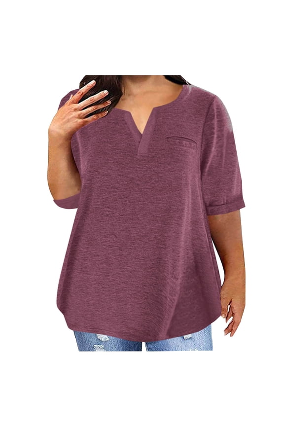 Plus Size T-Shirts Cotton Half Sleeve Tops for Women Loose Fit Summer Casual V Neck Tee Shirt Plain Tshirts (Wine XL)