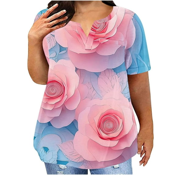 Womens Plus Size T-Shirts Cotton Short Sleeve V Neck Tops Loose Summer T Shirts for Women Graphic Tshirts (Pink XL)