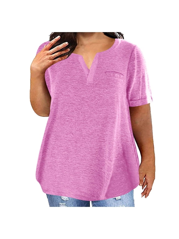 Womens Plus Size T-Shirts Cotton Short Sleeve V Neck Tops Loose Summer Tee Shirts Casual Plain Tshirts, 3XL Watermelon Red