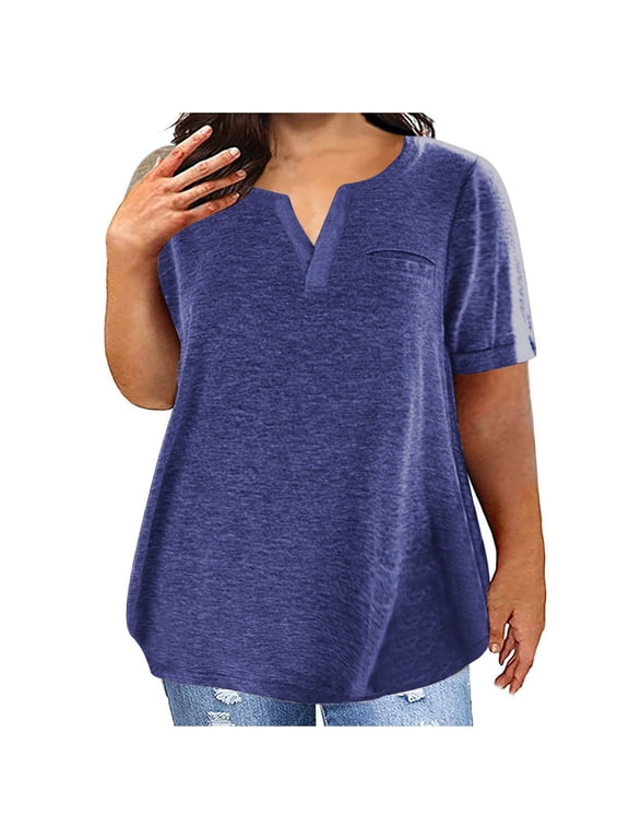 Womens Plus Size T-Shirts Cotton Short Sleeve V Neck Tops Loose Summer Tee Shirts Casual Plain Tshirts, 4XL Purple #B