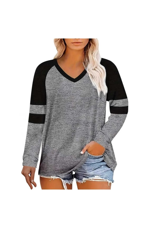 Womens Plus Size T Shirts Long Sleeve Color Block Loose Tees Tops Fall Spring Casual V Neck Shirts, Gray 4XL