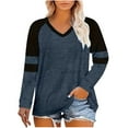 thumbnail image 1 of Womens Plus Size T Shirts Long Sleeve Color Block Loose Tees Tops Fall Spring Casual V Neck Shirts, Navy XL, 1 of 4