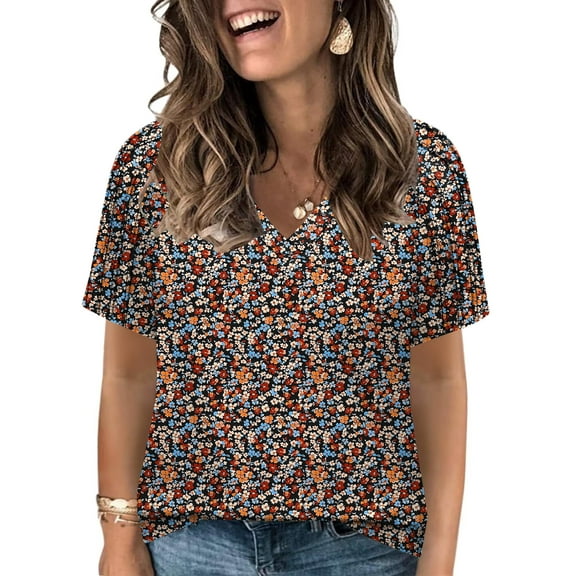Womens Plus Size T Shirts Loose Fit V-Neck Tops Trendy Short Sleeve Casual Cute Floral Print Blouses 2Xl YH003