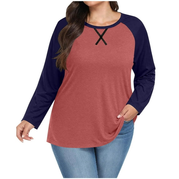 Womens Plus Size T-Shirts, Raglan Long Sleeve Shirts for Women Fall Casual Loose Fit Oversized Color Patchwork Crewneck Tees