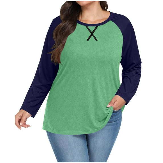 Womens Plus Size T-Shirts, Raglan Long Sleeve Shirts for Women Fall Casual Loose Fit Oversized Color Patchwork Crewneck Tees