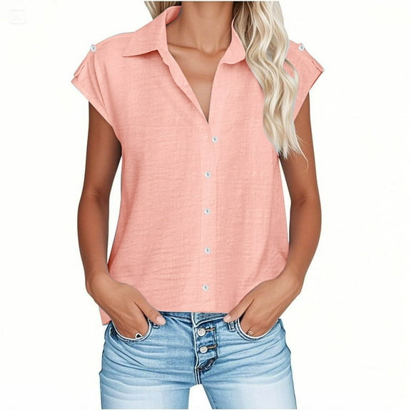 Womens Plus Size T-Shirts, Short Sleeve Shirts for Women Summer Lightweight Casual Solid Color Lapel Button Down Dressy Blouses