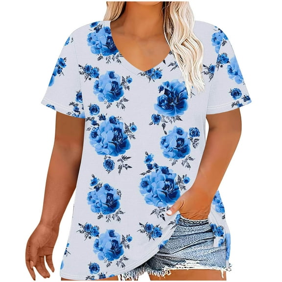 Womens Plus Size T Shirts Short Sleeve V Neck Tees Workout Tops Loose Fit Blouse Summer Casual Floral Print Beach Tees