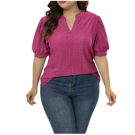 Womens Plus Size T Shirts V Neck Puff Short Sleeve Casual Summer Loose Fashion Top Hollow Out Blouses Top