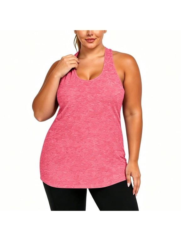 Womens Plus Size Tank Top Athletic Racerback Round-Neck Workout Flowy Tops Yoga Running Sleevelss Summer Shirts Loose Pink 3XL