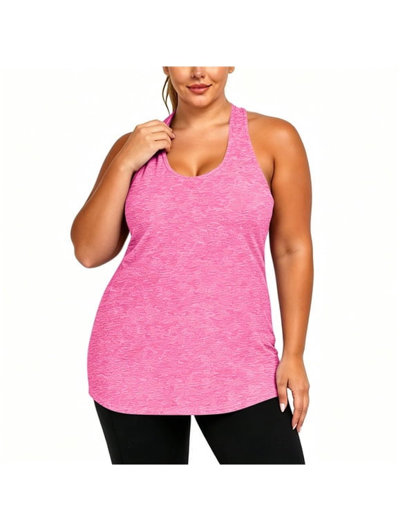 Womens Plus Size Tank Top Athletic Racerback Round-Neck Workout Flowy Tops Yoga Running Sleevelss Summer Shirts Loose Pink 3XL
