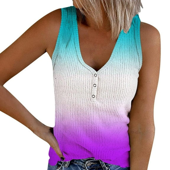 Womens Plus Size Tank Top Gradient Color Knit Tanks Button V-Neck Summer Casual Ribbed Sleeveless Tee
