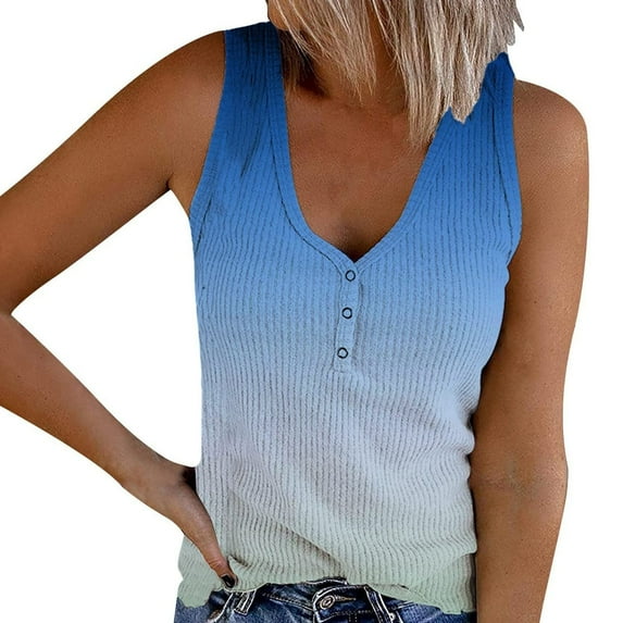 Womens Plus Size Tank Top Gradient Color Knit Tanks Button V-Neck Summer Casual Ribbed Sleeveless Tee
