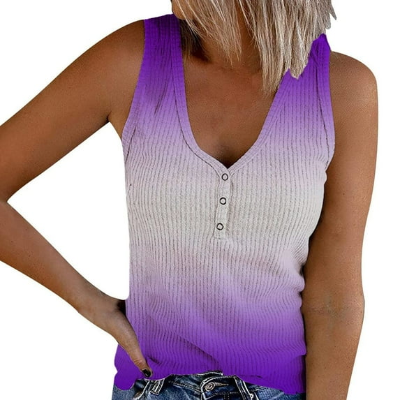 Womens Plus Size Tank Top Gradient Color Knit Tanks Button V-Neck Summer Casual Ribbed Sleeveless Tee