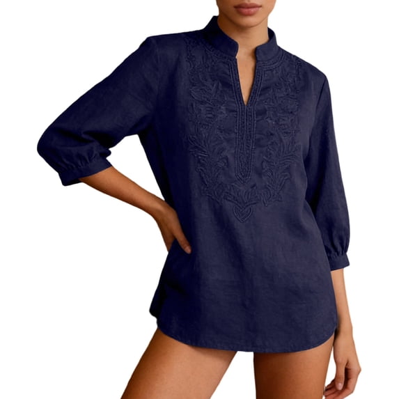 Womens Plus Size Tank Tops 100% Cotton Embroidered Tunic 3/4 Sleeve Loose Fit Blouse