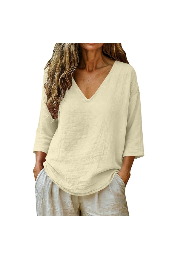 Womens Plus Size Tank Tops 100% Cotton Fashion 3/4 Sleeve V-Neck Blouses Tops Shirts