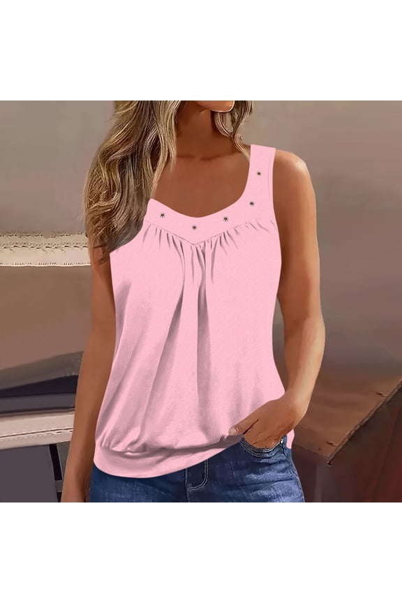 Womens Plus Size Tank Tops Casual Sleeveless Pleated Front Cami Breathable V-Neck Tunic Blouse