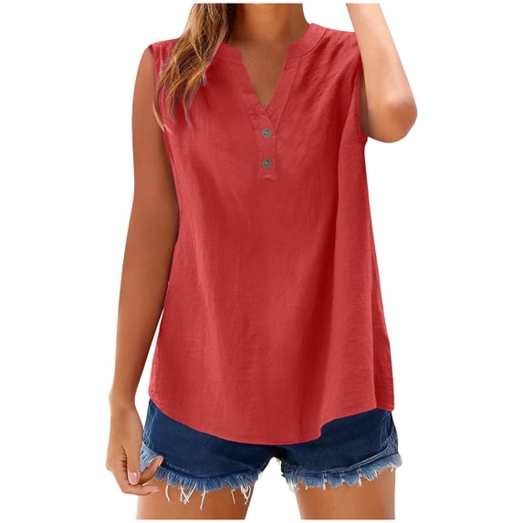 Womens Plus Size Tank Tops, Sleeveless Shirts for Women Lightweight Casual Cotton Linen Solid Color Button Up V Neck Dressy Blouses