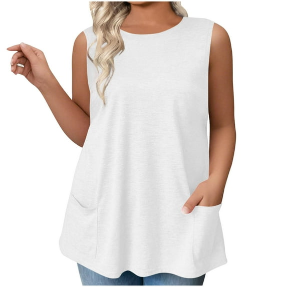 Womens Plus Size Tank Tops, Sleeveless Shirts for Women Summer Casual Loose Fit Solid Color Crewneck Tanks Dressy Blouses with Pockets
