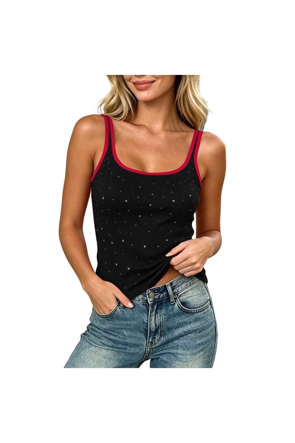 Womens Plus Size Tank Tops Women’s Scoop Neck Camisole, Rhinestone Embellished Color Black Sleeveless Cami Tops, Slim Fits Basic Tank Tops Black One Size