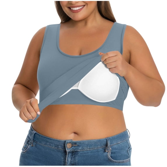 Womens Plus Size Tank Tops with Built in Bra Wide Strap Camisole Summer Basic Udershirts Blue 2XL