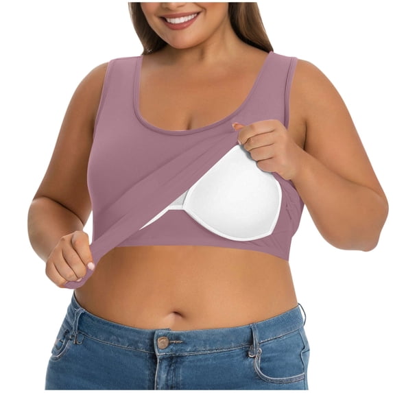 Womens Plus Size Tank Tops with Built in Bra Wide Strap Camisole Summer Basic Udershirts Purple L