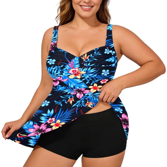 Womens Plus Size Tankini Swim Tops Summer Tropical Floral Printed Swimwear with Supportive Underwire and Adjustable Straps