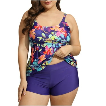 Womens Plus Size Tankini Swimsuit Two Piece Bathing Suits Flowy Swim Tops with Boy Shorts