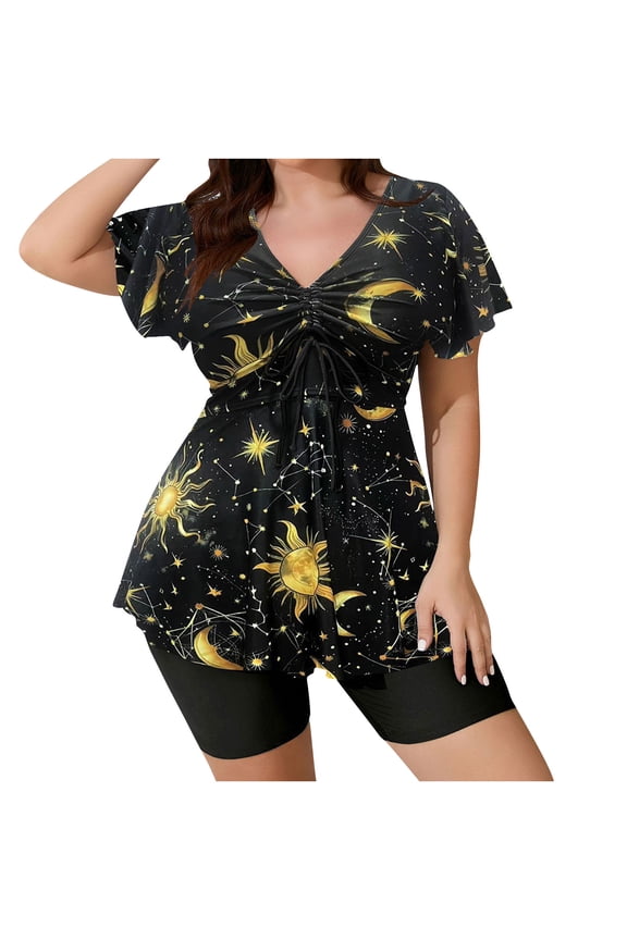 Womens Plus Size Tankini Swimsuits Modest Swimdress Full Coverage Short Sleeve Bathing Suits with Shorts(Gold 2XL)