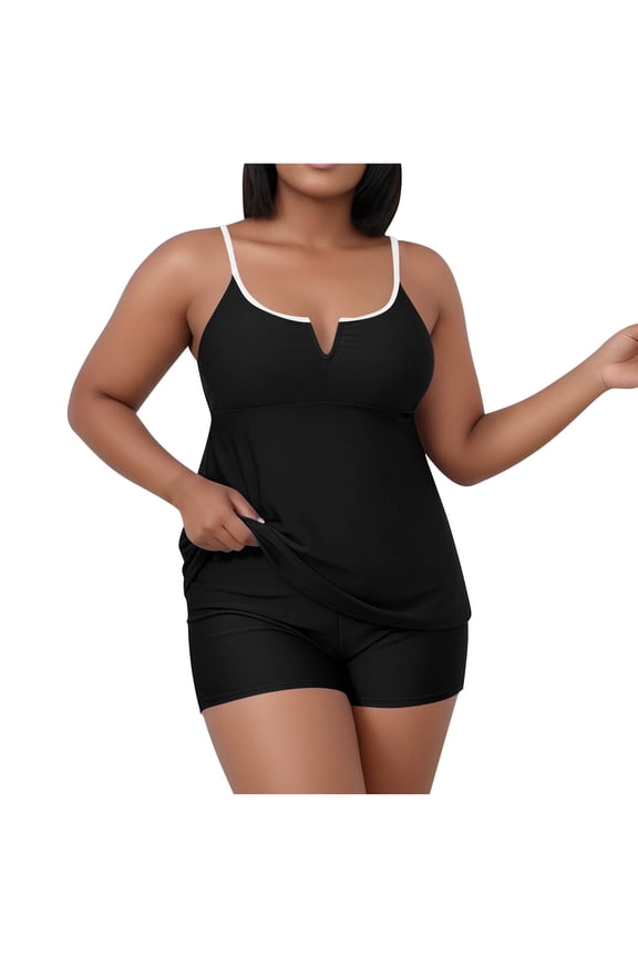 Womens Plus Size Tankini Top with Built-In Bra Support & Tummy Control - Ruched Swimsuit Top XL-5XL, Black, Quick-Dry Nylon Spandex,Size 2XL