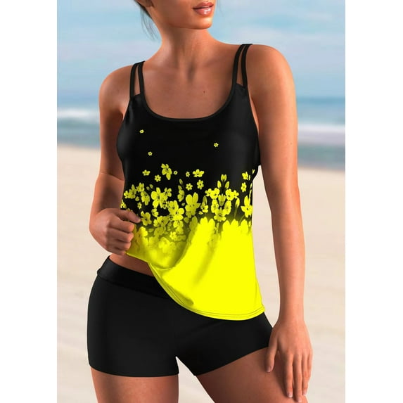 Womens Plus Size Tankini Tummy Control Swimsuits Two Piece Cut Out Straps Swimwear Flower Printed Bathing Suits