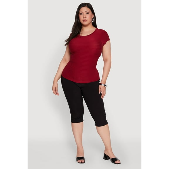 Womens Plus Size Textured Knit Side Ruched Short Sleeve Top