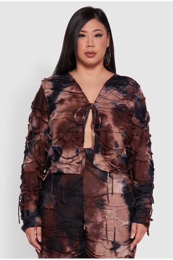 Womens Plus Size Tie Dye Distressed Tie Front Top