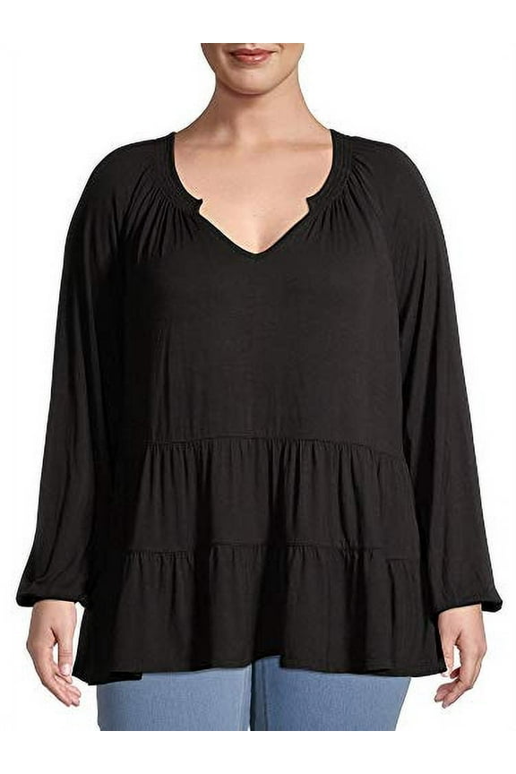 Womens  Plus Size Tiered Tunic Peasant Top Black Soot (0X)