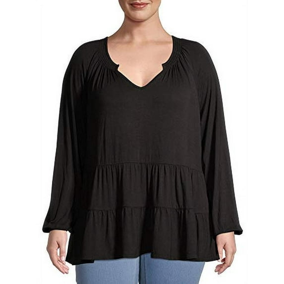 Womens Plus Size Tiered Tunic Peasant Top Black Soot (4X)