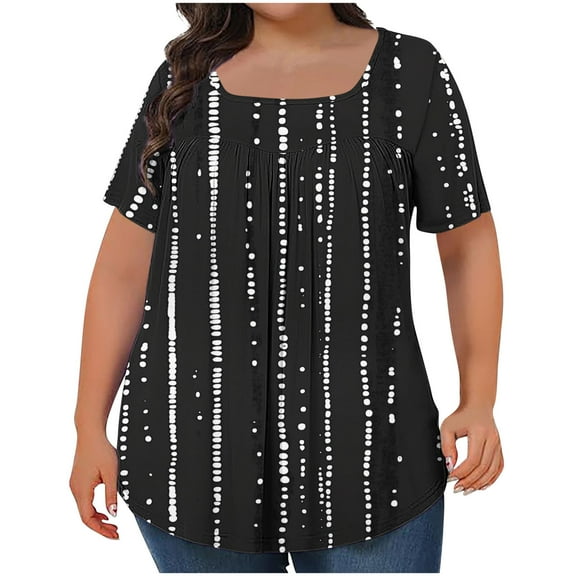 Womens Plus Size Top Casual Summer Short Sleeve T Shirts Fashion Spring Floral Printing Pullover Oversized Loose Square Collar Blouses Tops 01#Black 4XL
