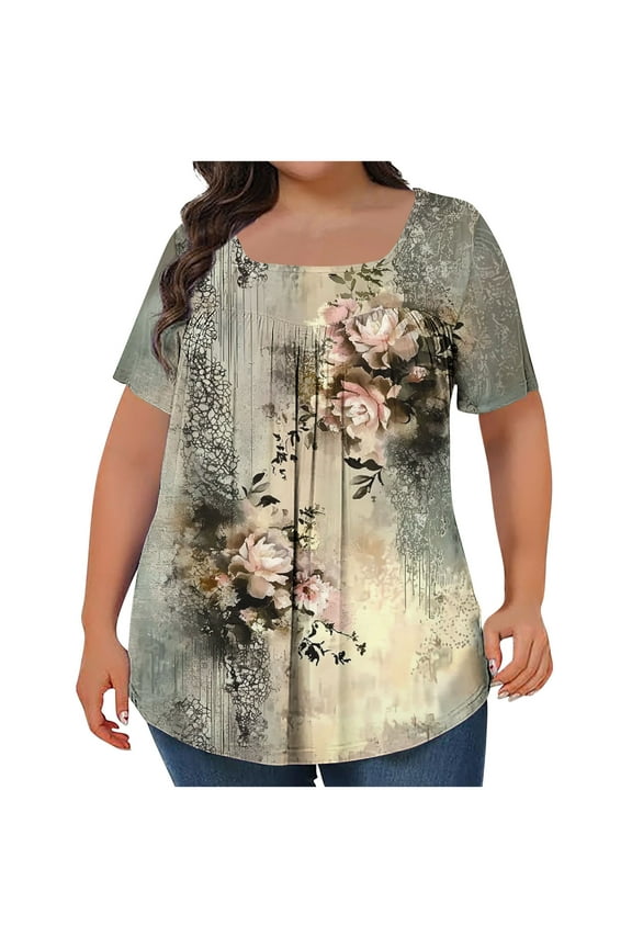Womens Plus Size Top Casual Summer Short Sleeve T Shirts Fashion Spring Floral Printing Pullover Oversized Loose Square Collar Blouses Tops 08#Khaki XXL