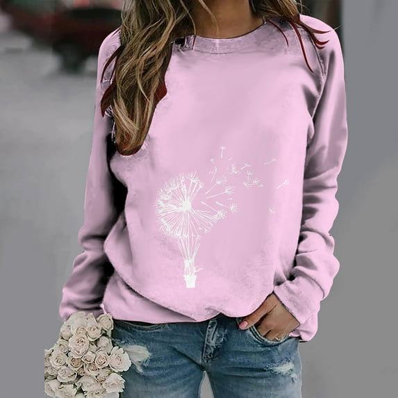 Womens Plus Size Tops 2023 Fashion Long Sleeves Casual Shirts Printed Round-Neck Sweatshirt Pullover Loose Tunic Tops on Clearance