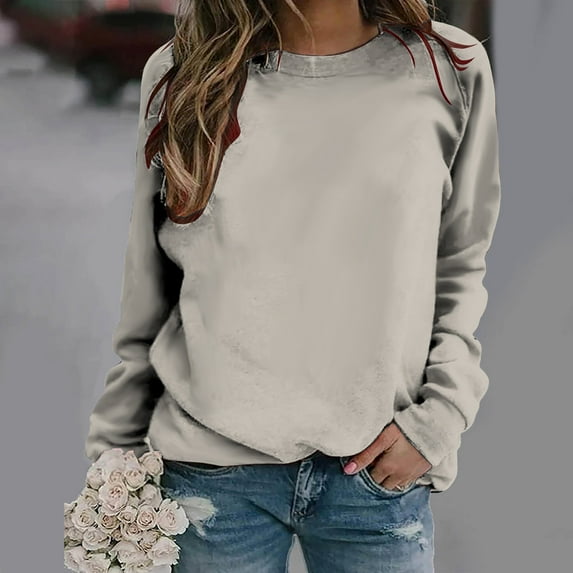 Womens Plus Size Tops 2023 Fashion Long Sleeves Casual Shirts Soild Color Round Neck Sweatshirt Pullover Loose Tunic Tops Up to 65% off