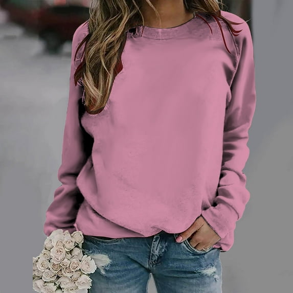 Womens Plus Size Tops 2023 Fashion Long Sleeves Casual Shirts Soild Color Round Neck Sweatshirt Pullover Loose Tunic Tops on Clearance