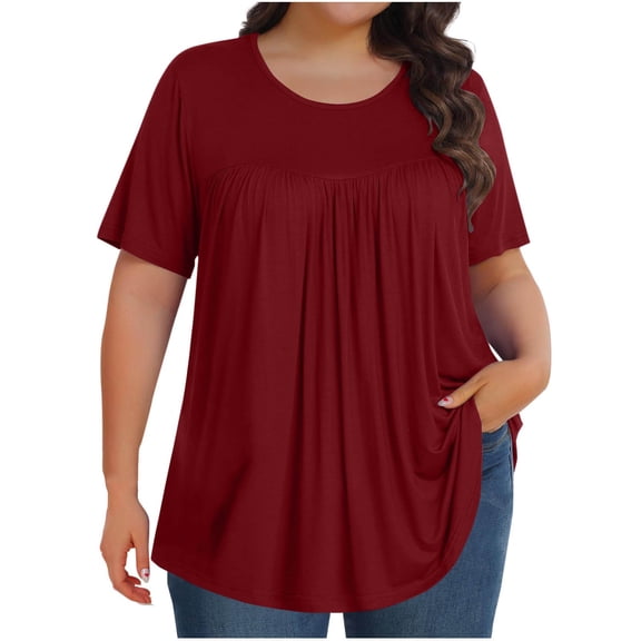 Womens Plus Size Tops 2025 Tunic Short Sleeve Crew Neck Shirts Casual Soft Blouse Oversized Pleated Tees L-5X