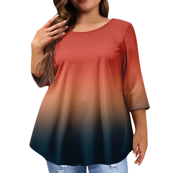 Womens Plus Size Tops 3/4 Length Sleeve Blouses Crew Neck Business Casual Tunic Tops with Curved Hem Watermelon Red L