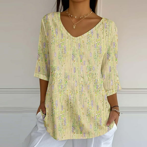 Womens Plus Size Tops 3/4 Length Sleeve Fall Fashion Trendy Casual Peplum Going Out Tops Comfy Soft Dressy Notch V Neck T Shirts Basic Solid Color Summer Tunic Blouse