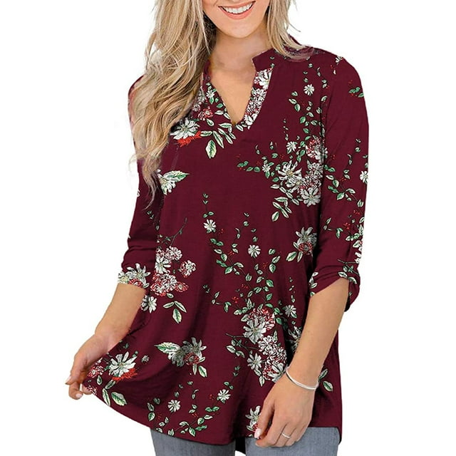 Womens Plus Size Tops 3/4 Roll Sleeve Floral Tunic Shirt Casual V Neck ...