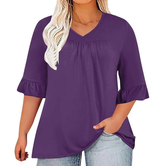 Womens Plus Size Tops 3/4 Ruffle Sleeve Shirt Casual V Neck Pleated T Shirt Loose Fit Tunic Blouse Tops for Women Womens Blouses Womens 4x Shirts Fall Shirts for Women plus Size Tops Dressy Silk Tops