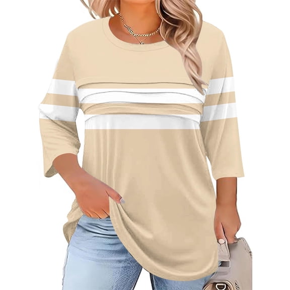 Womens Plus Size Tops 3/4 Sleeve Color Block Tshirts for Women Crew Neck Oversized Loose Summer Fall Top XL-5XL
