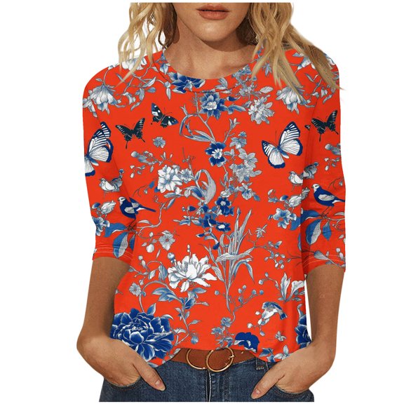 Womens Plus Size Tops 3/4 Sleeve Floral Print T-shirts Casual Fall Spring Crew Neck Basic Tshirts Graphic Tees (M, Red 03)