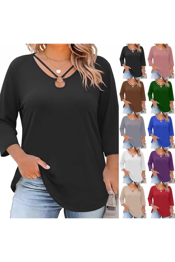 Womens Plus Size Tops 3/4 Sleeve Shirts Summer Cut Out Ring Keyhole Neck Dressy Casual Loose Tunic Tops, 3XL